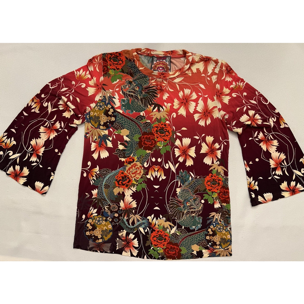 JOHNNY WAS Adalena Kimono Sleeve Tee Size XS Floral Dragon Stretch Art MSRP $130 - Picture 2 of 9